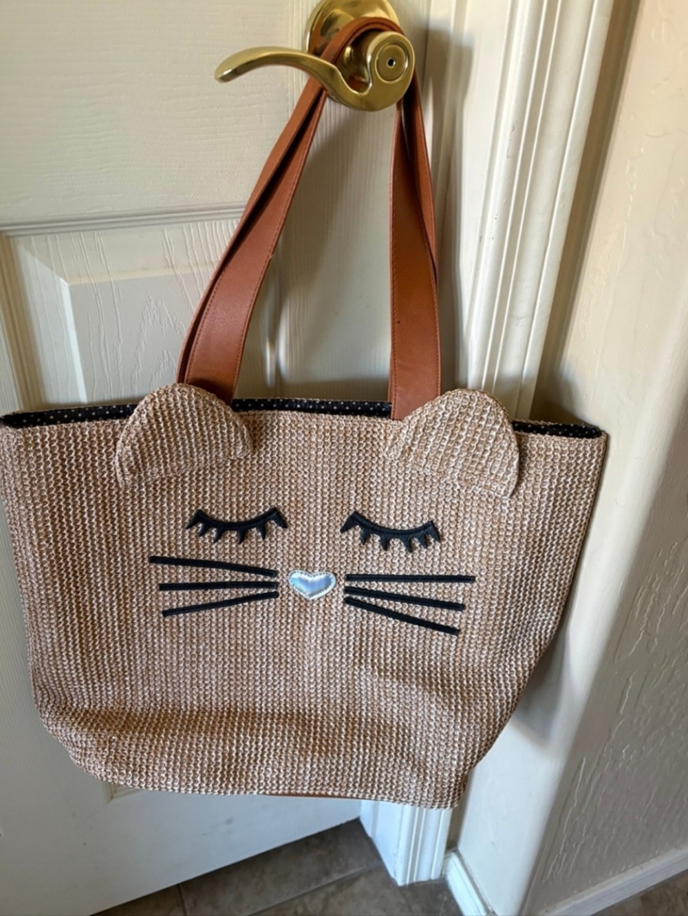 NWOT Cat Face Straw Tote Bag in Beige with Brown Handles